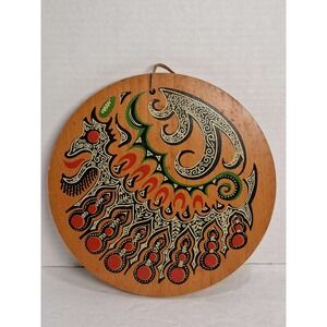 Vtg Hand Painted Folk Art Round Wood Hanging Wall Decor Trivet Yugoslavia Slavic